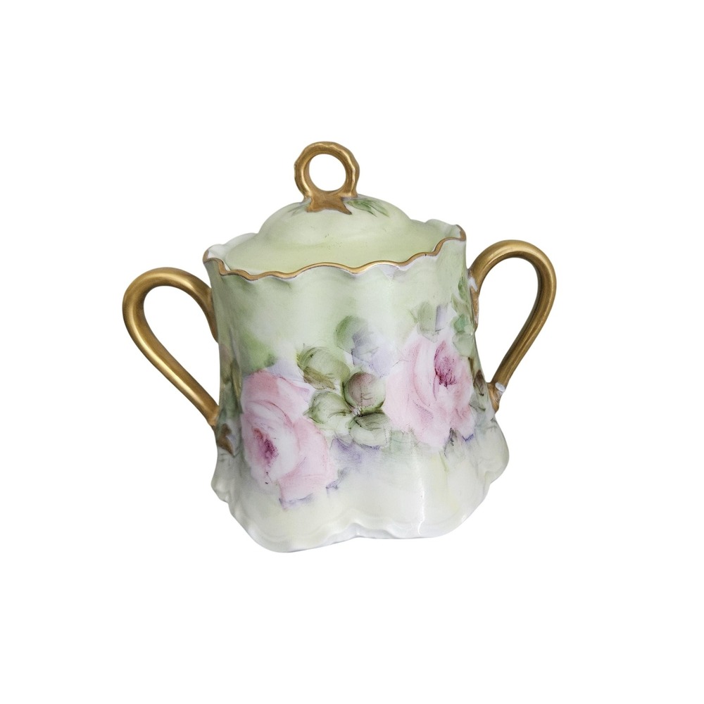 Antique Hutschenreuther Lidded Sugar Bowl: Blush Roses, Gold‎ Trim (Repaired)